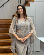 Elegant Taupe Handworked Saree Set with Designer Shrug