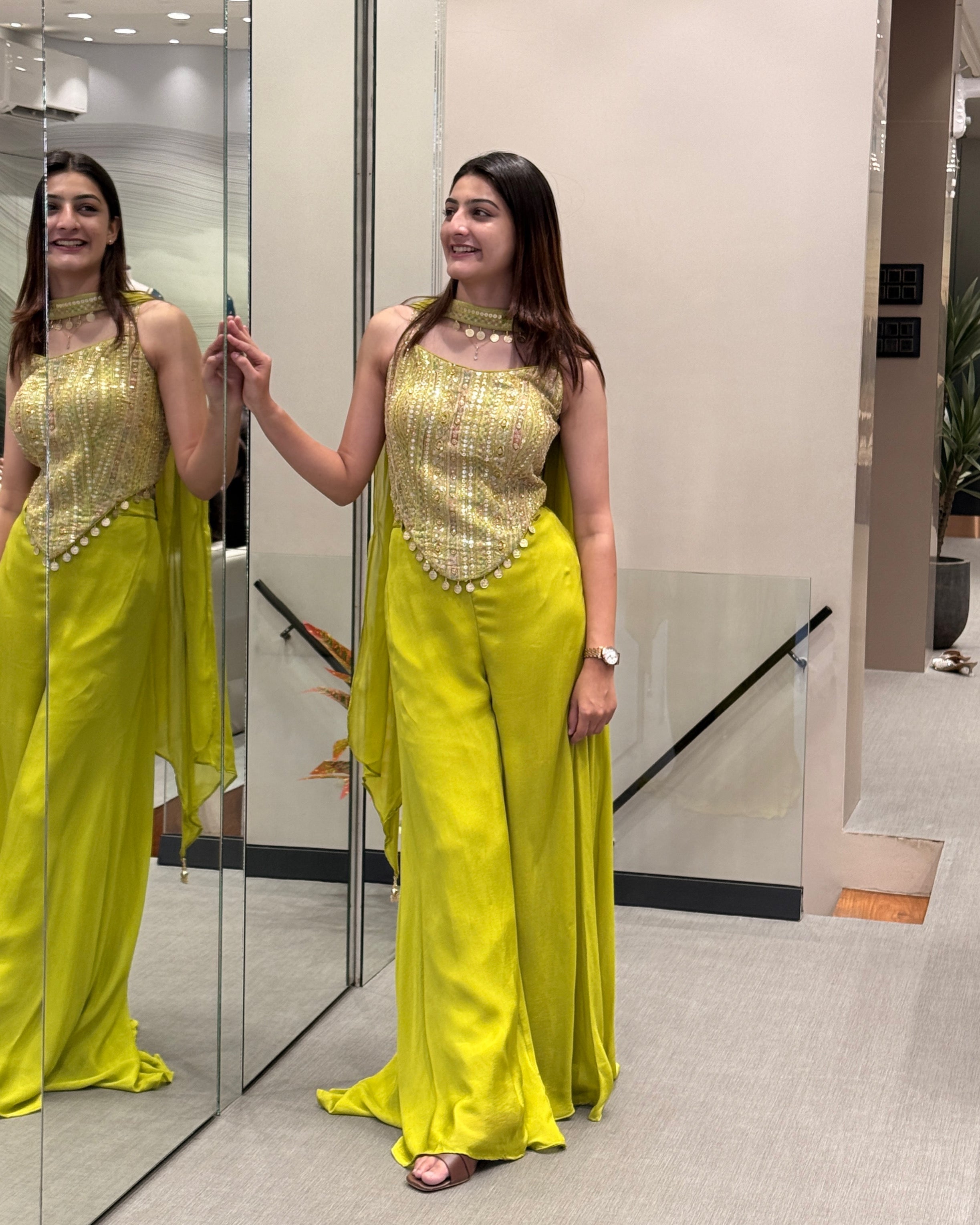 Lime Green Designer Handworked Co-Ord Set with Plazo & Neckline Dupatta