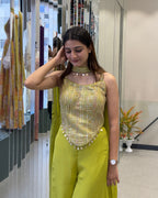 Lime Green Designer Handworked Co-Ord Set with Plazo & Neckline Dupatta