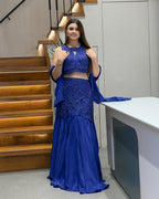 Royal Blue Pure Handworked Fish Cut Lehenga Set with Designer Blouse & Dupatta