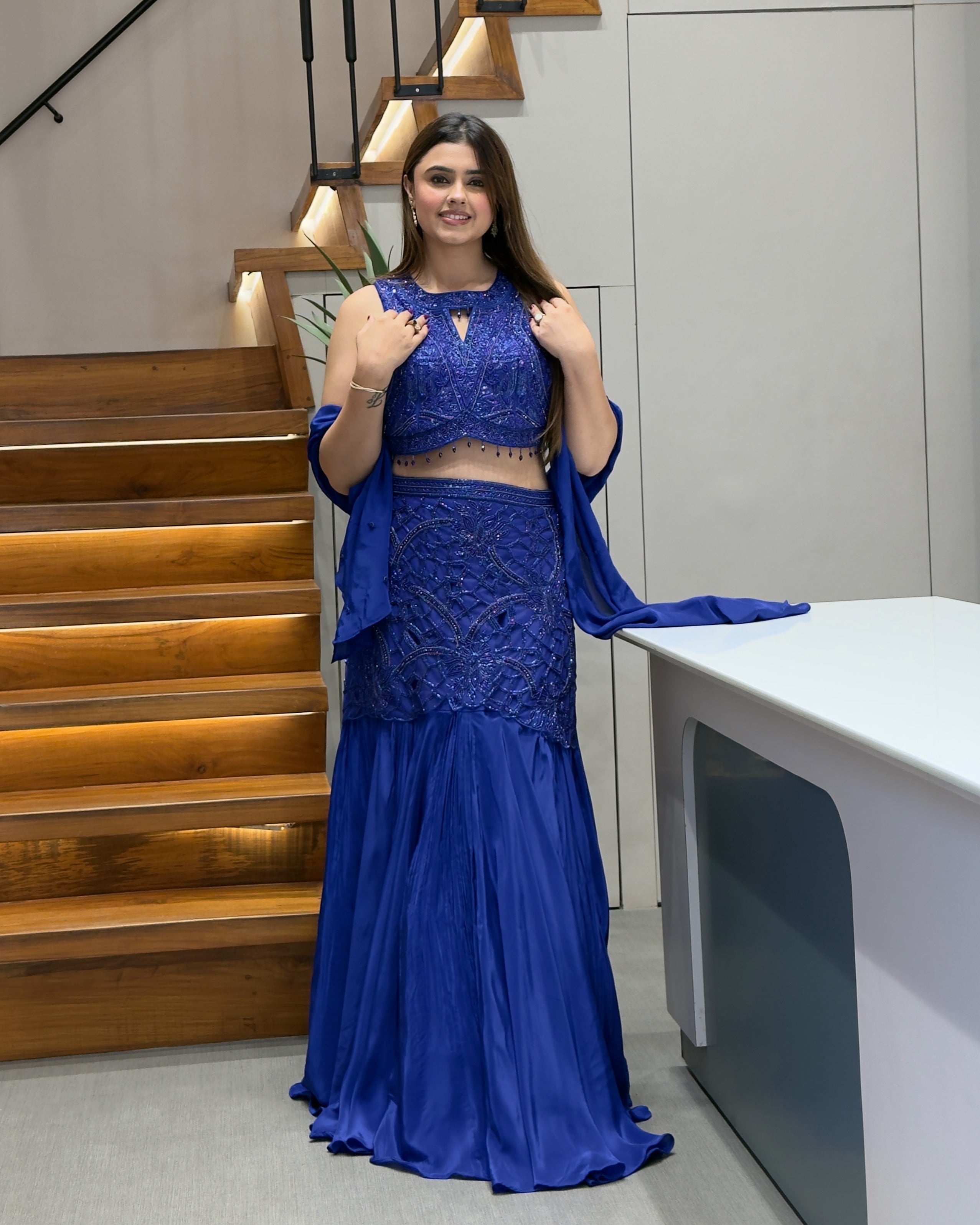 Royal Blue Pure Handworked Fish Cut Lehenga Set with Designer Blouse & Dupatta