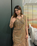 Elegant Coffee Brown Handworked Drape Saree Style Cordset