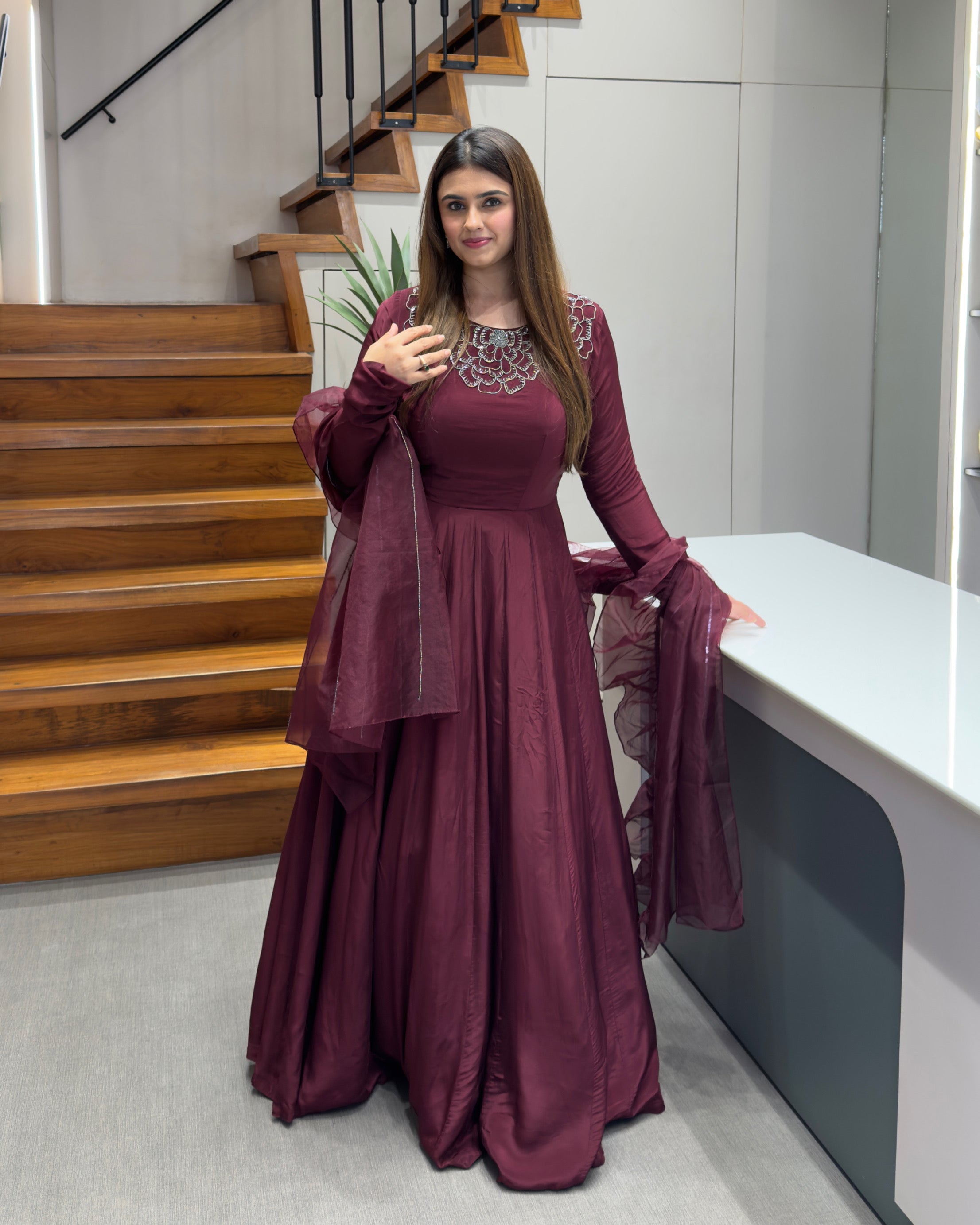 Wine Purple Handworked Flared Gown Set