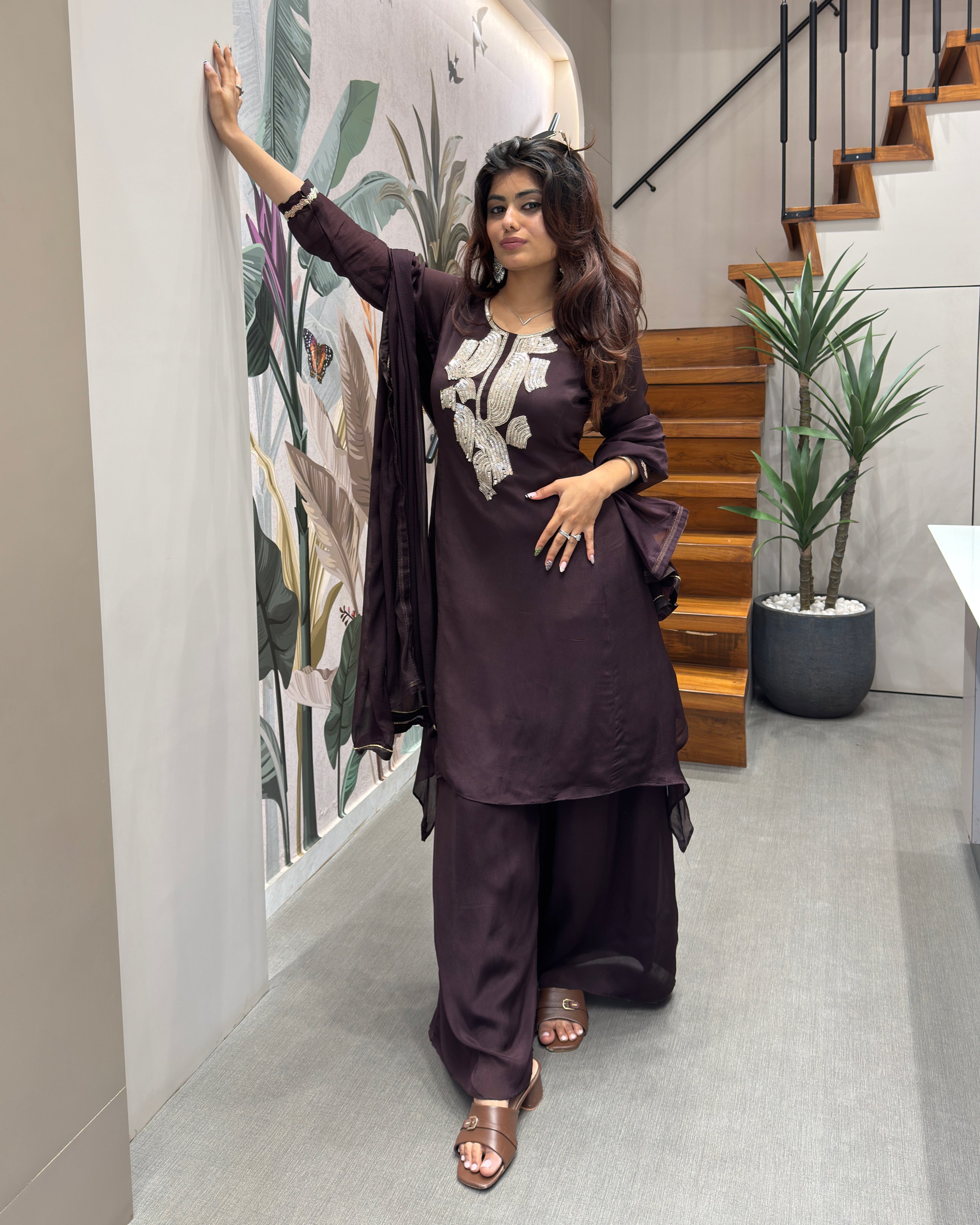 Elegant Handworked Chocolate Brown Palazzo Set with Dupatta