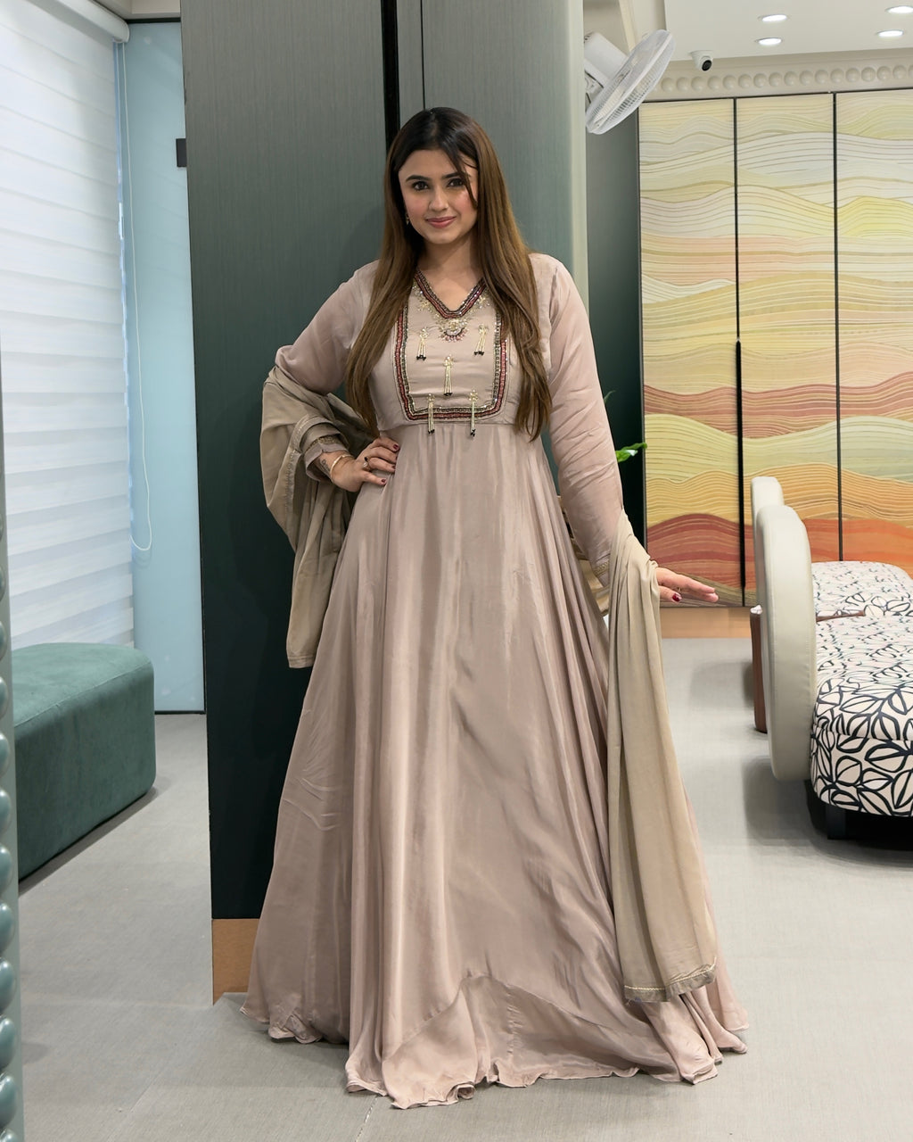 Elegant Beige Handworked Flared Gown Set with Dupatta