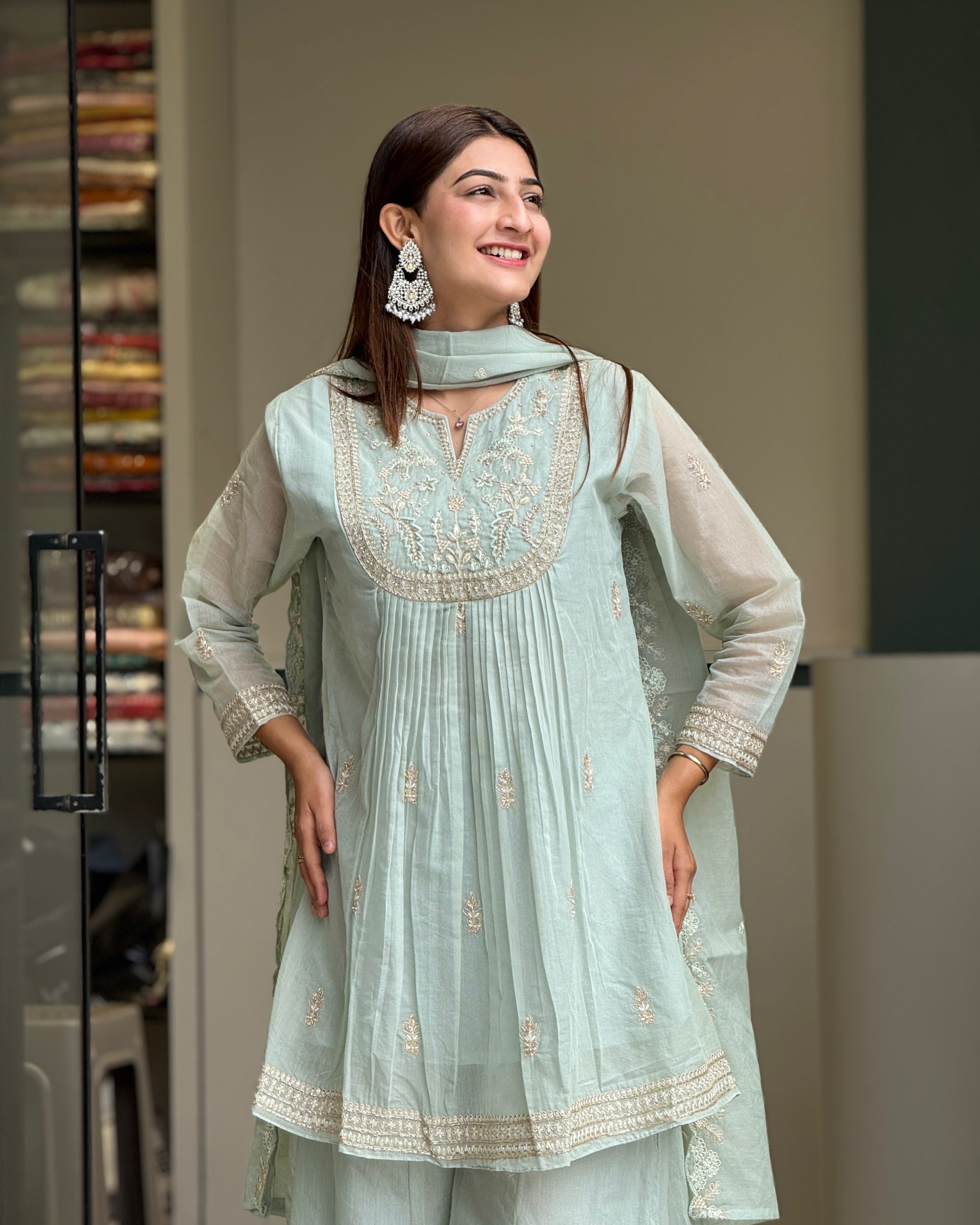 Elegant Mint Green Handworked Palazzo Set with Dupatta