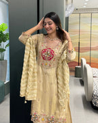 Elegant Golden Beige Handwork Three Piece Suit Set