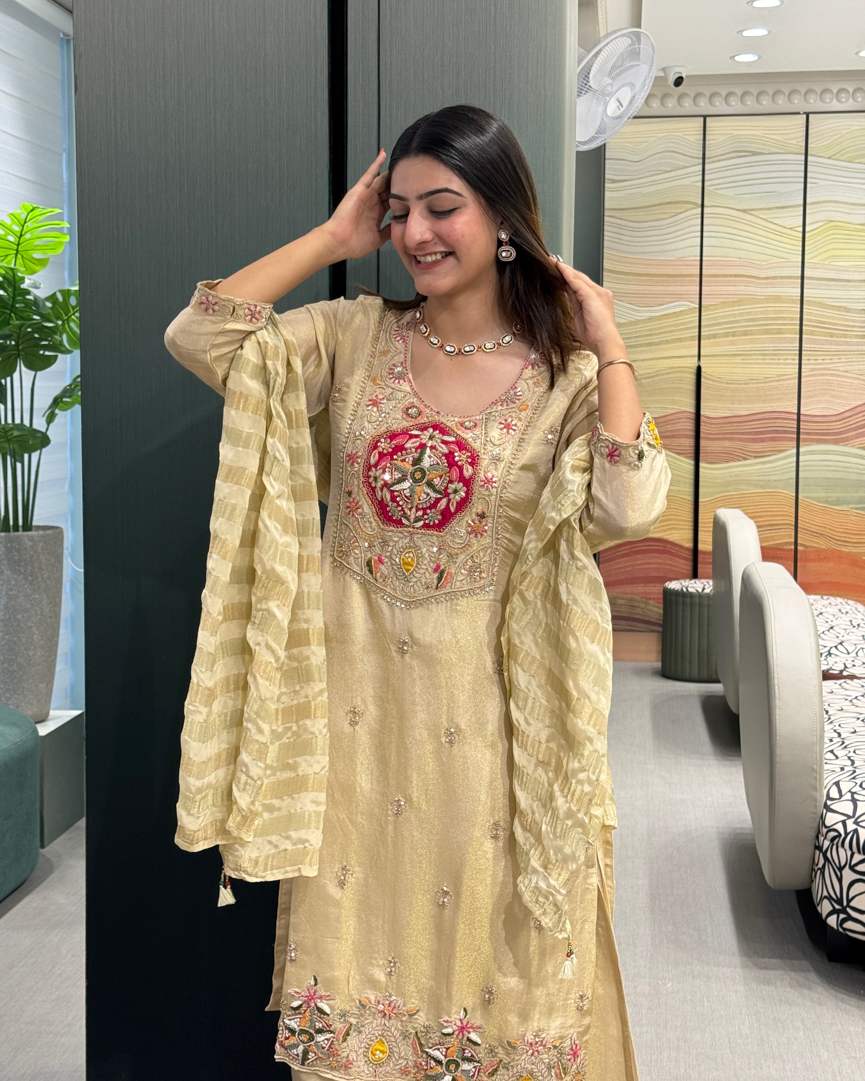 Elegant Golden Beige Handwork Three Piece Suit Set