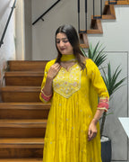 Elegant Mustard Yellow Handwork Three Piece Suit Set