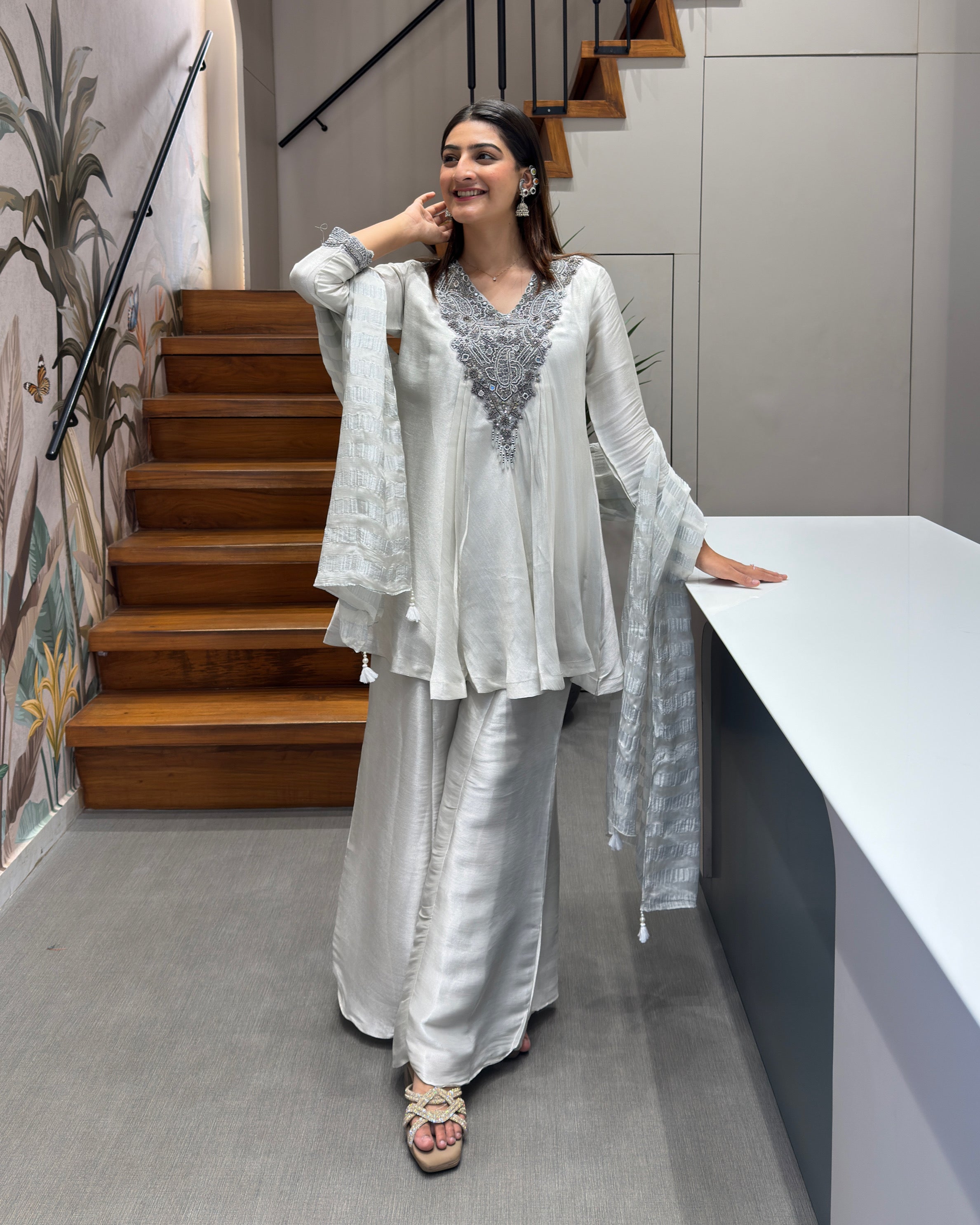 Silver Mist Handwork Kurta Palazzo Set ✨🤍