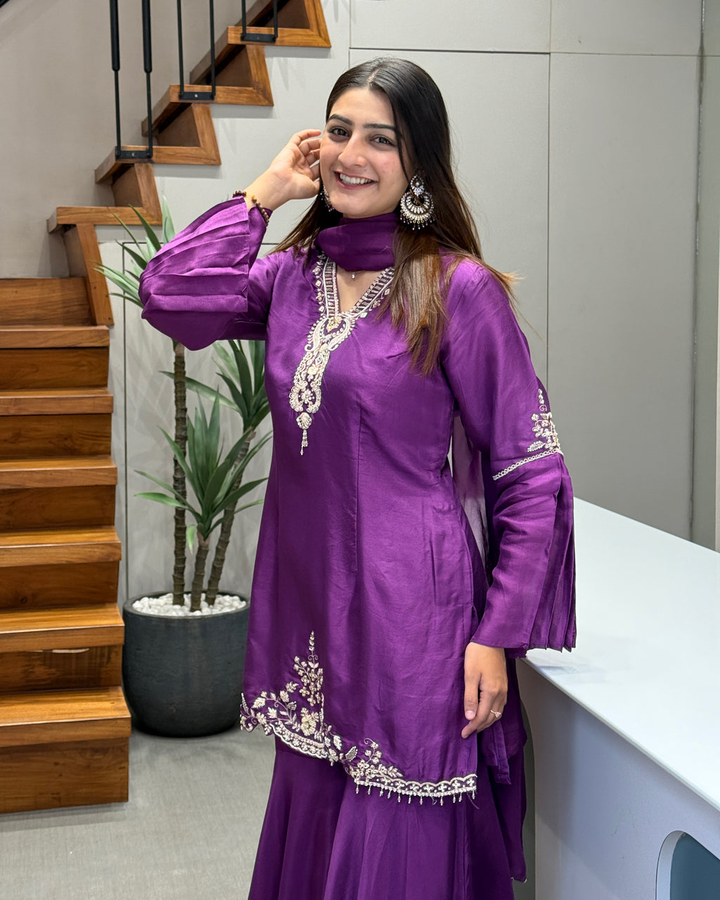 Royal Purple Pure Handworked Kurta Palazzo Set with Dupatta