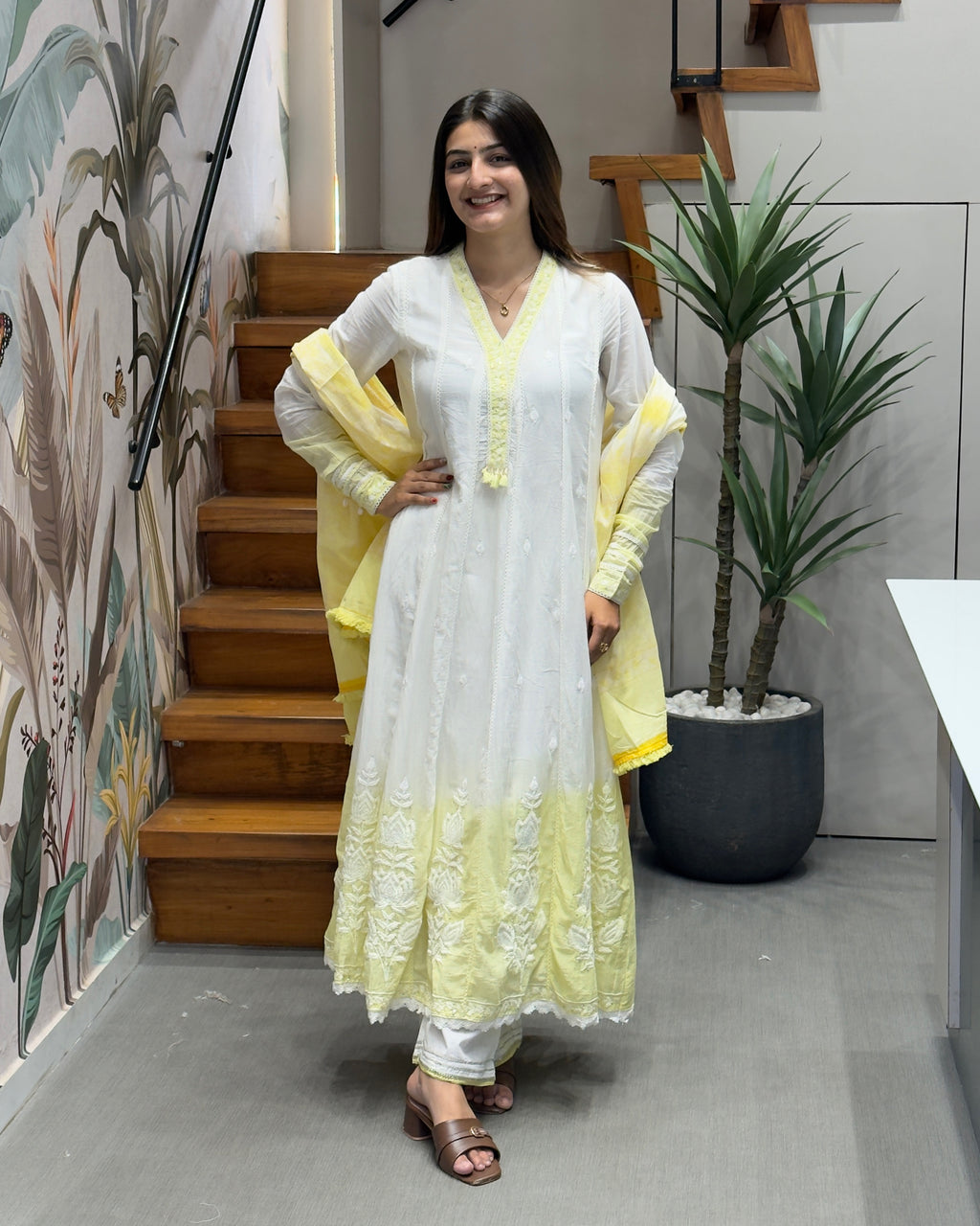 Elegant White & Lemon Yellow Dual Tone Cotton Three Piece Suit Set