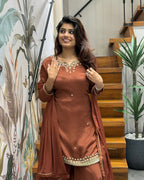 Elegant Handworked Rust Brown Palazzo Set with Dupatta