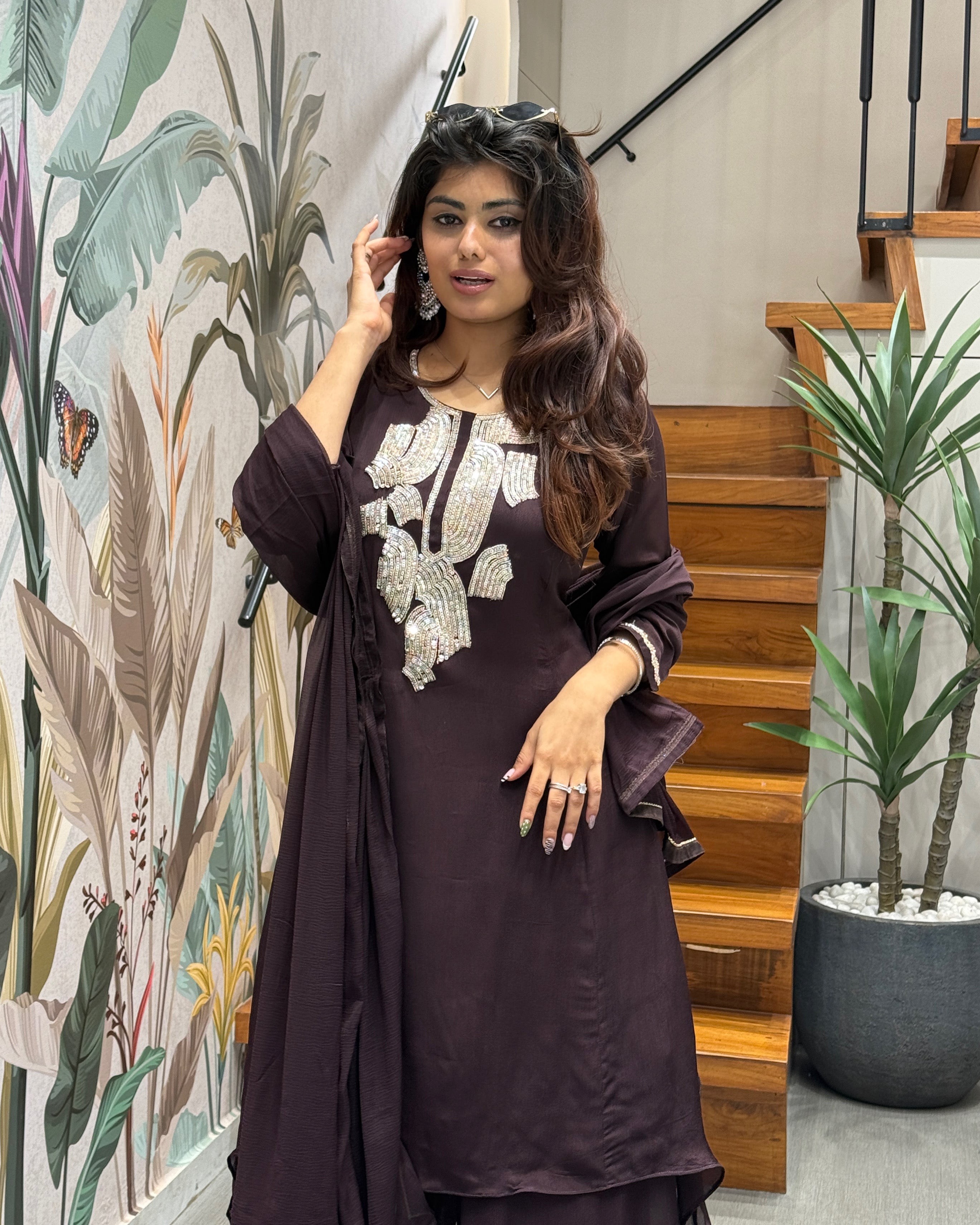 Elegant Handworked Chocolate Brown Palazzo Set with Dupatta