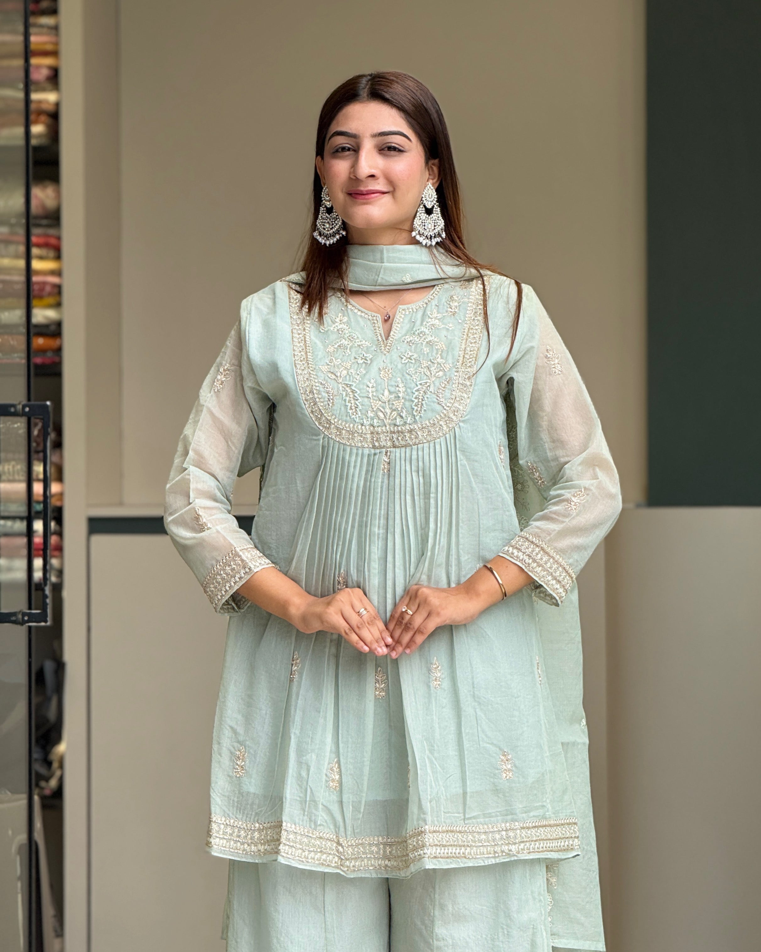 Elegant Mint Green Handworked Palazzo Set with Dupatta