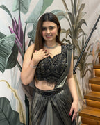 Black & Antique Gold Handworked Draped Fish Cut Saree Set with Attached Dupatta