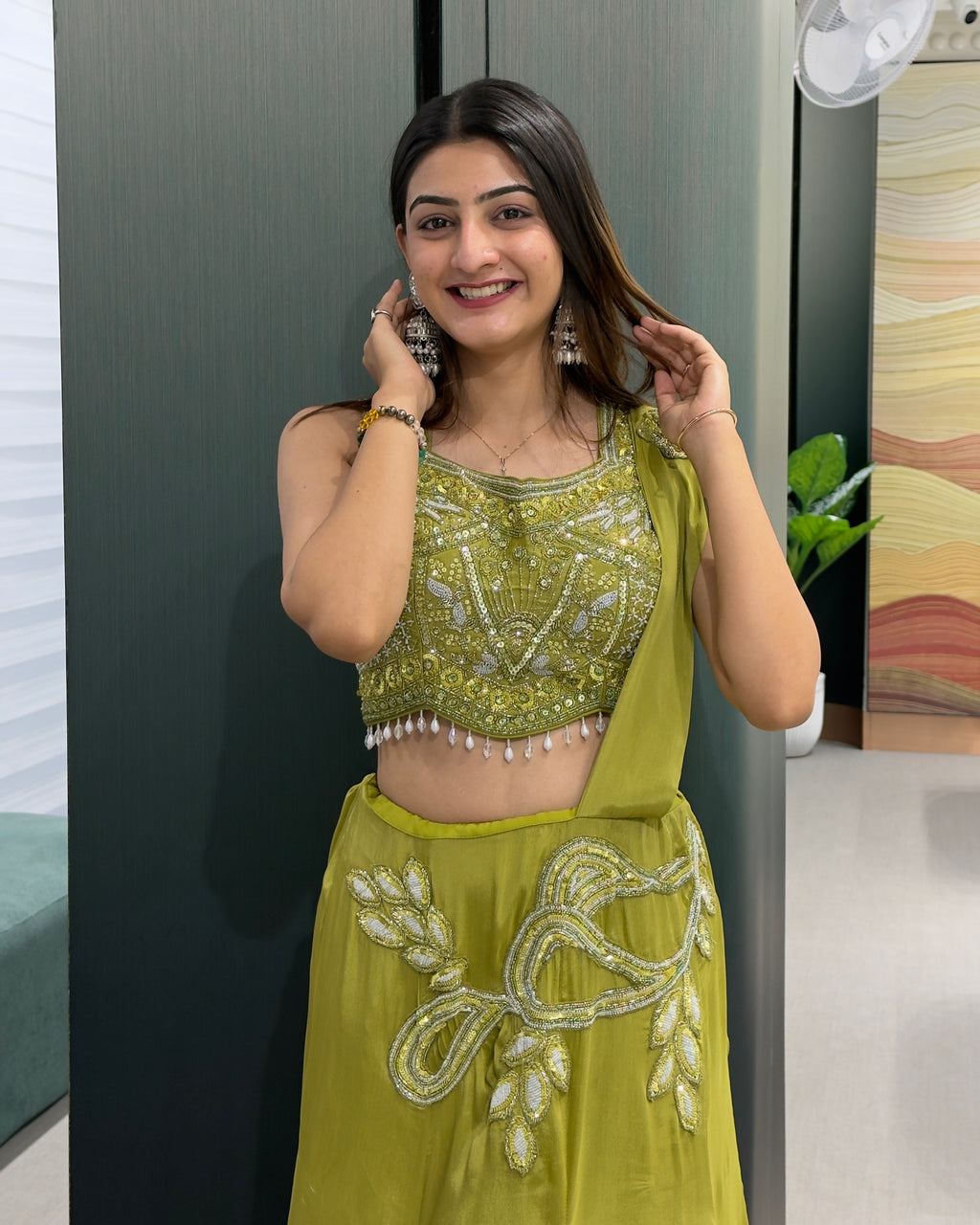 Olive Green Handworked Indo-Western Set