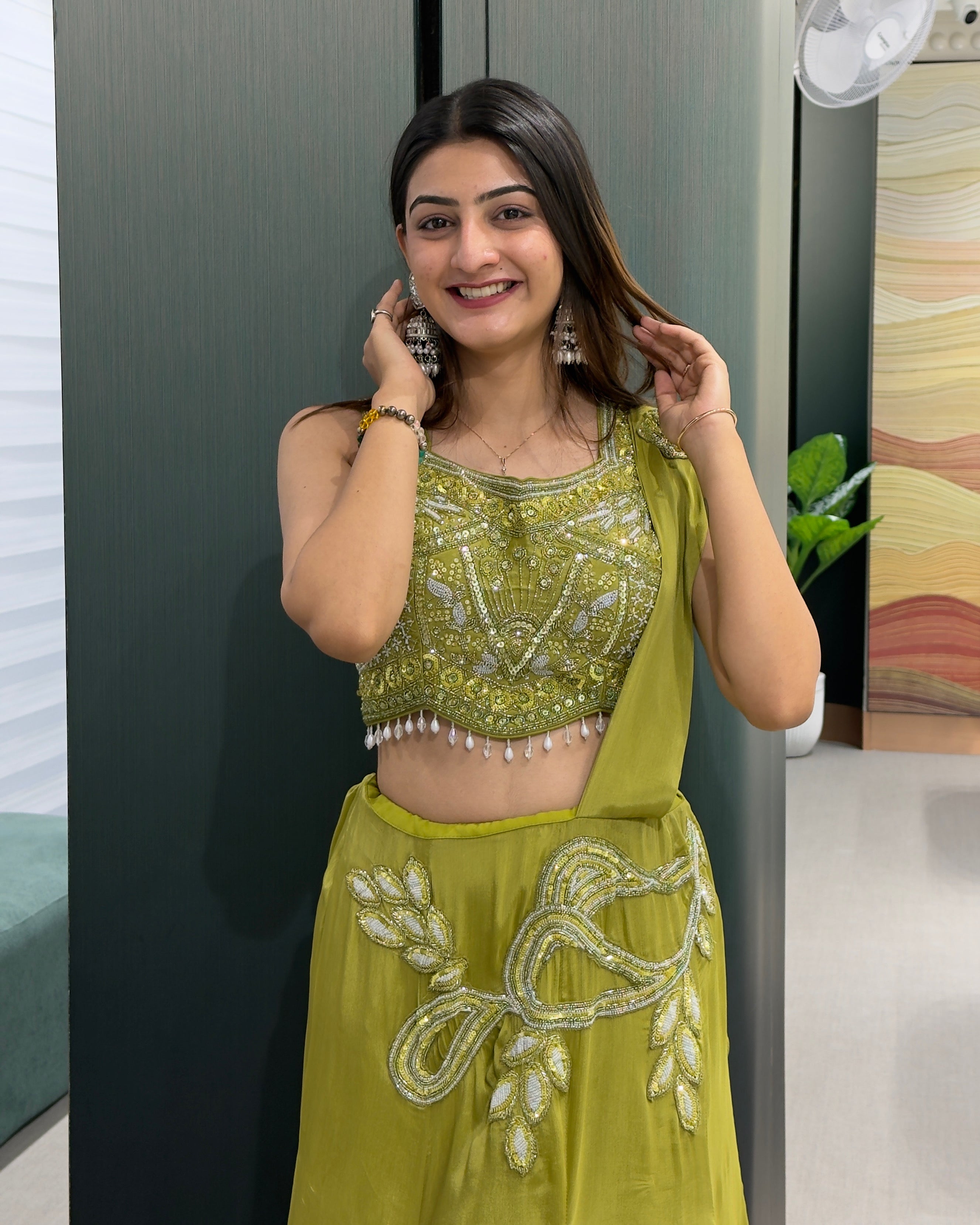 Olive Green Handworked Indo-Western Set