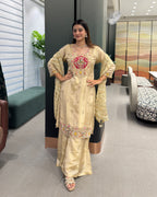 Elegant Golden Beige Handwork Three Piece Suit Set