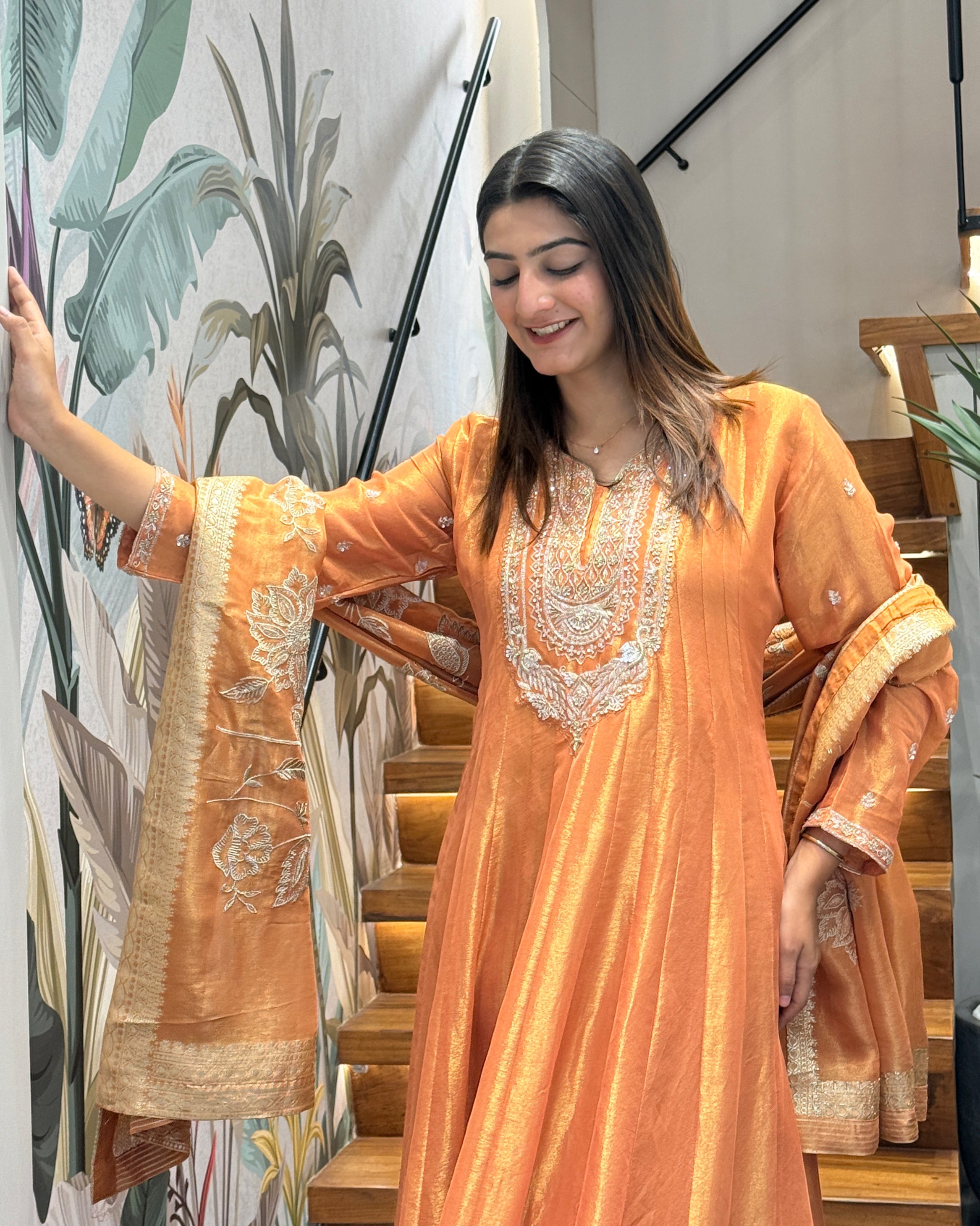 Golden Peach Handworked Full Length Designer Gown Set with Dupatta