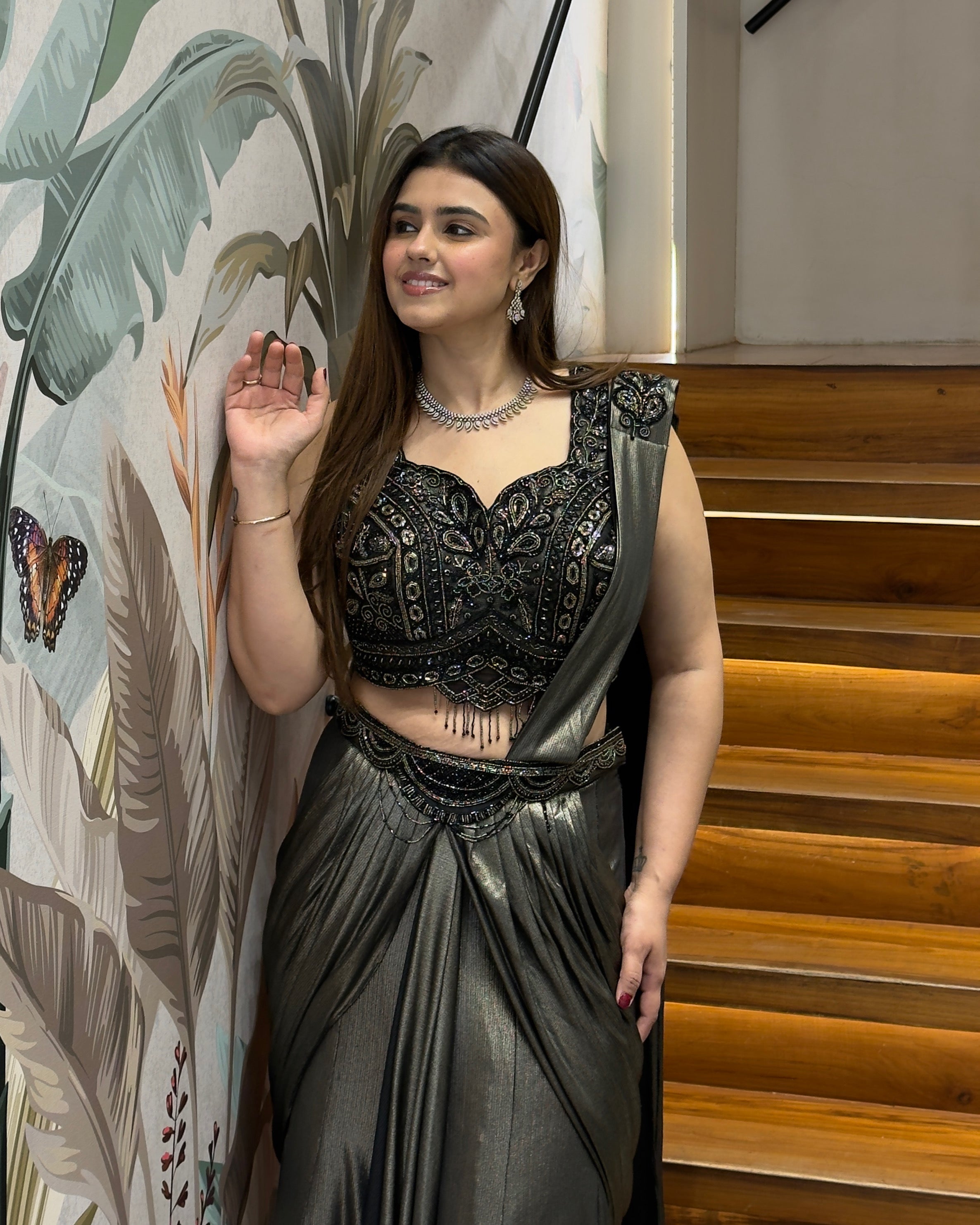 Black & Antique Gold Handworked Draped Fish Cut Saree Set with Attached Dupatta