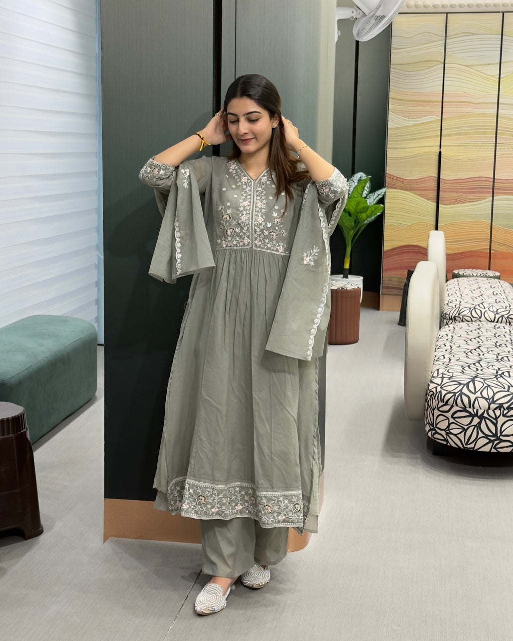 Elegant Embroidered Cotton 3 Piece Set with Plazo
