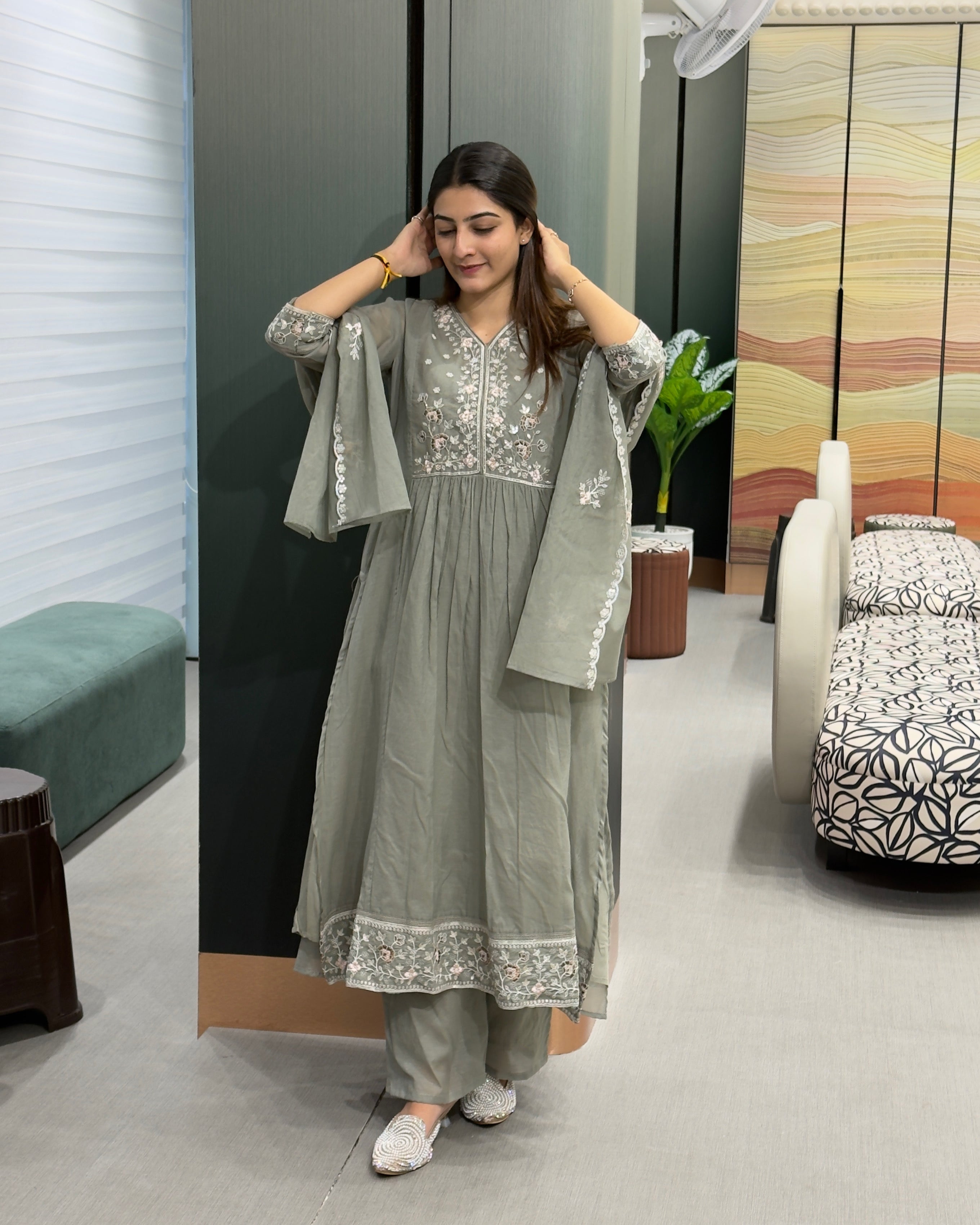 Elegant Embroidered Cotton 3 Piece Set with Plazo