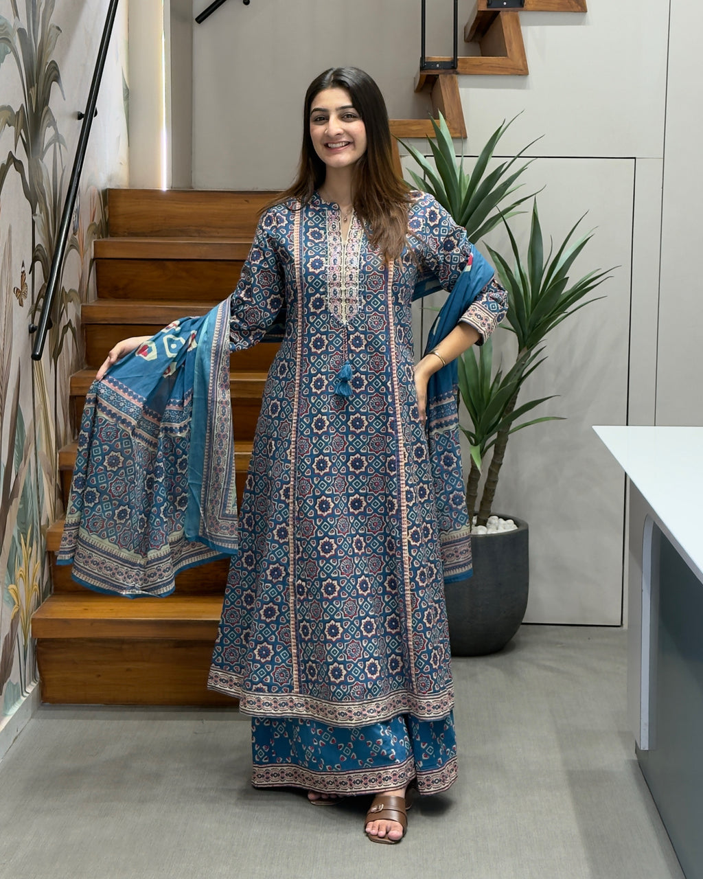 Printed Full Length Kurti with Full Flair Palazzo & Dupatta Set