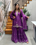 Royal Purple Pure Handworked Kurta Palazzo Set with Dupatta