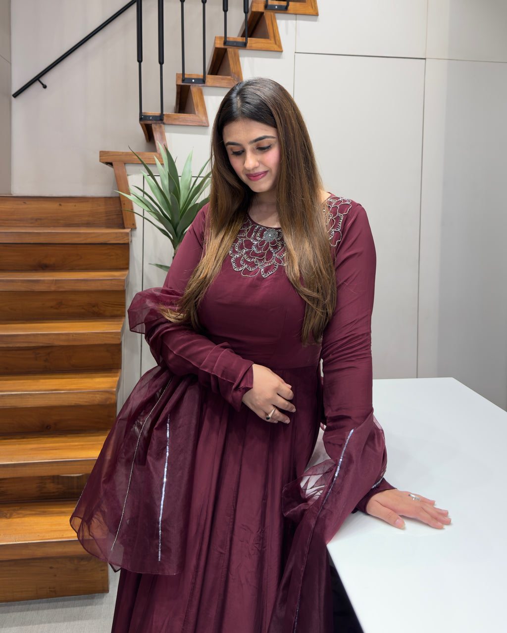 Wine Purple Handworked Flared Gown Set