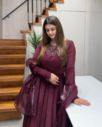 Wine Purple Handworked Flared Gown Set