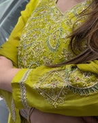 Elegant Lime Green Handworked Flared Gown Set