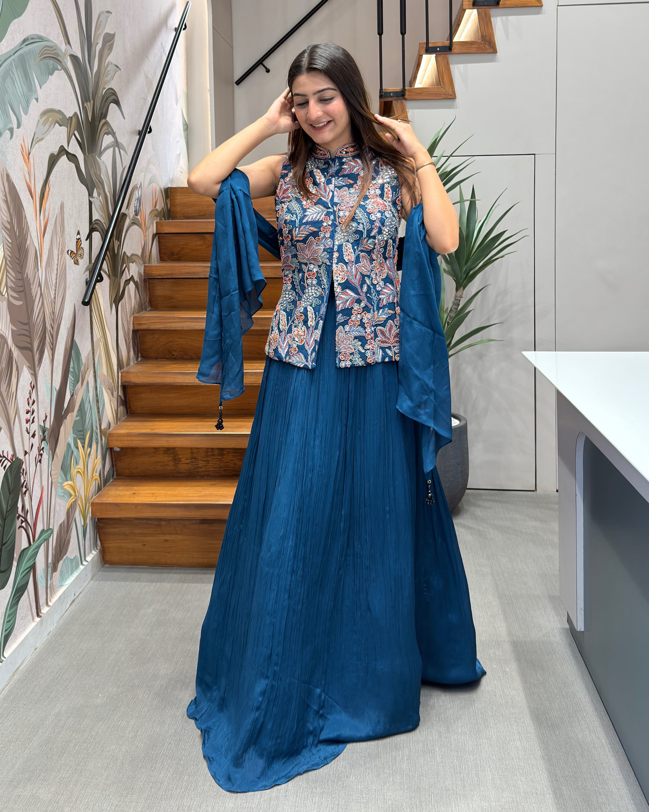 Royal Blue Handworked Lehenga Set with Designer Jacket & Dupatta