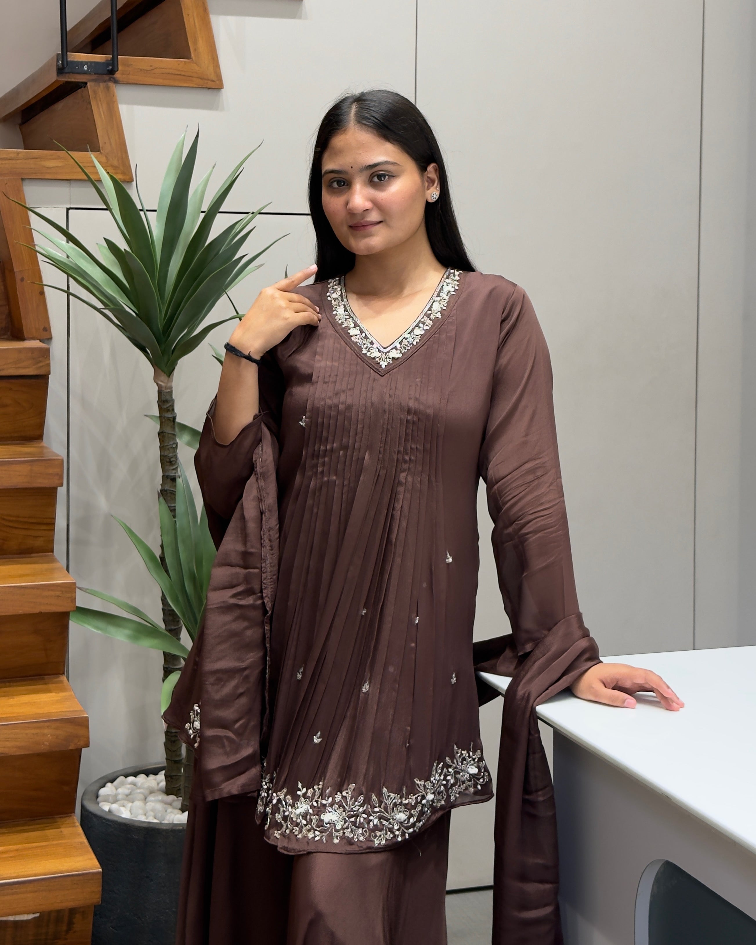 Elegant Chocolate Brown Handworked Three Piece Set