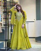Elegant Lime Green Handworked Flared Gown Set