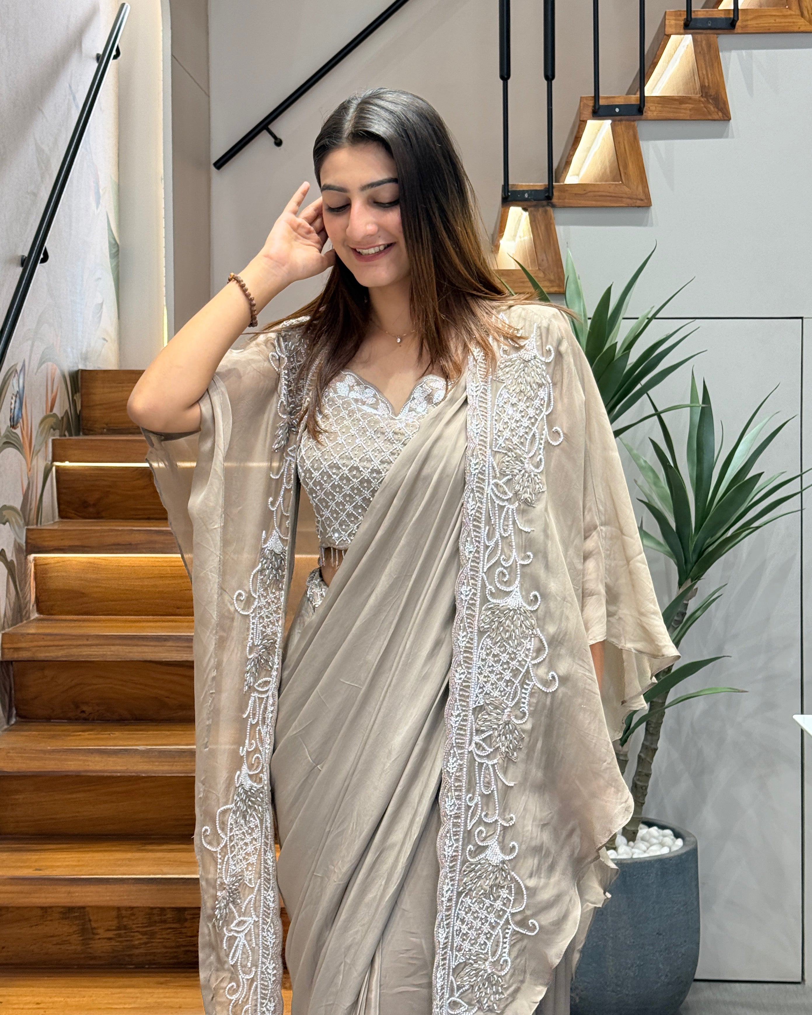 Elegant Taupe Handworked Saree Set with Designer Shrug