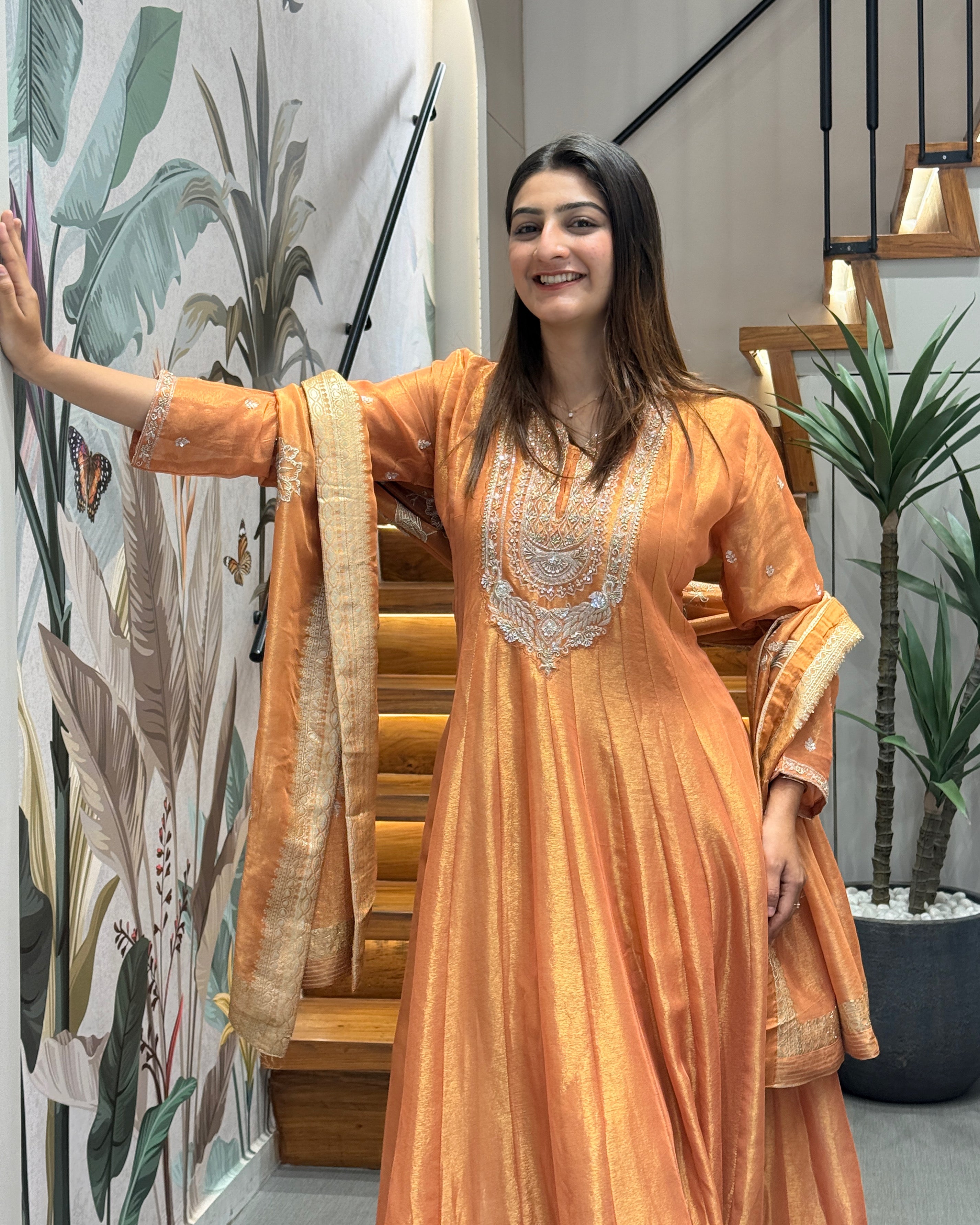 Golden Peach Handworked Full Length Designer Gown Set with Dupatta