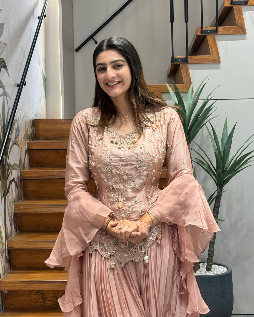 Elegant Blush Pink Handworked Palazzo Suit Set with Dupatta