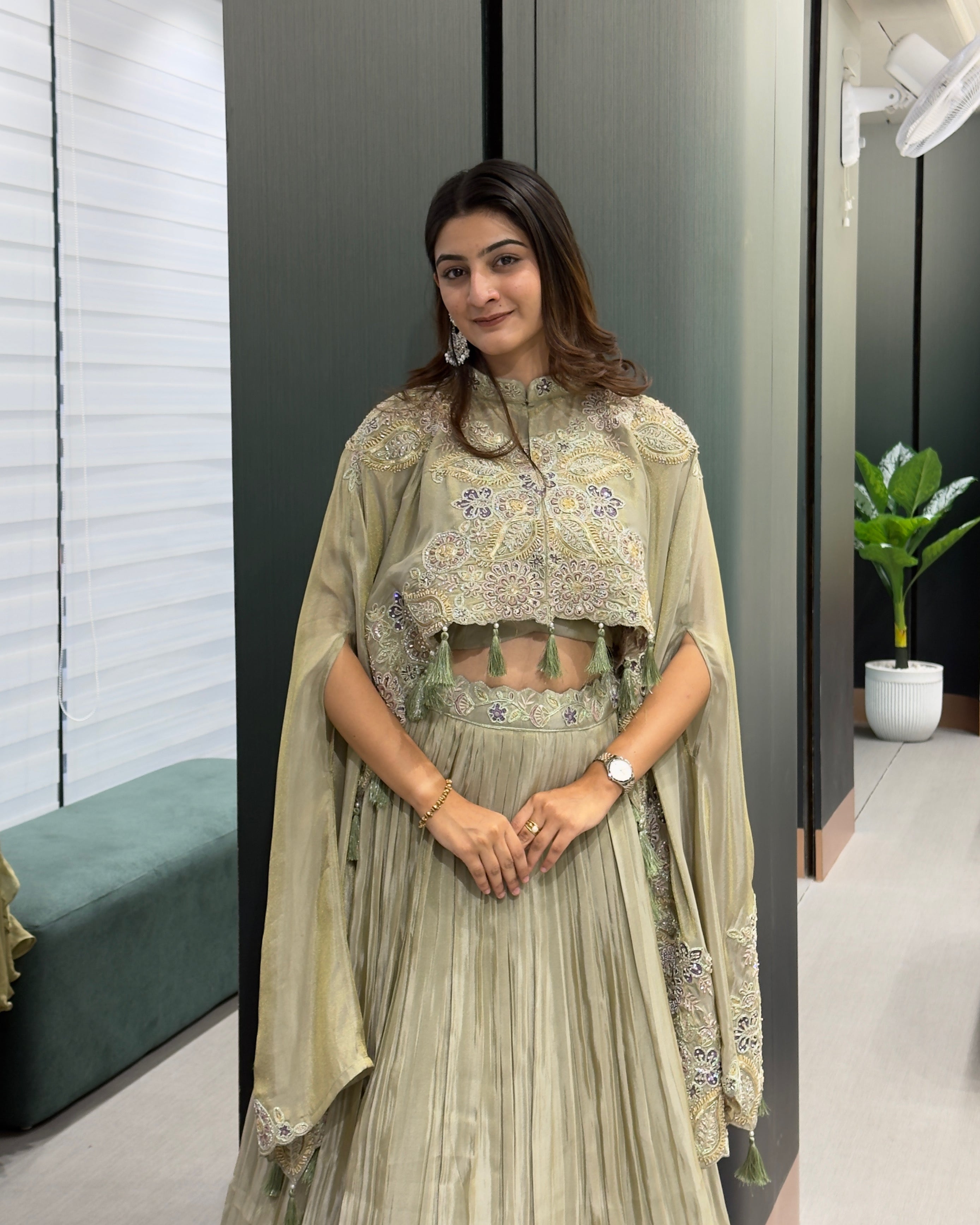 Sage Green Designer Handworked Cape Style Lehenga Set with Inner