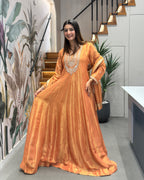 Golden Peach Handworked Full Length Designer Gown Set with Dupatta