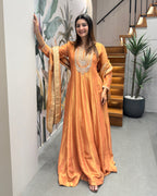 Golden Peach Handworked Full Length Designer Gown Set with Dupatta