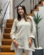 Elegant Beige Mirror Work Cotton Linen Co-Ord Set