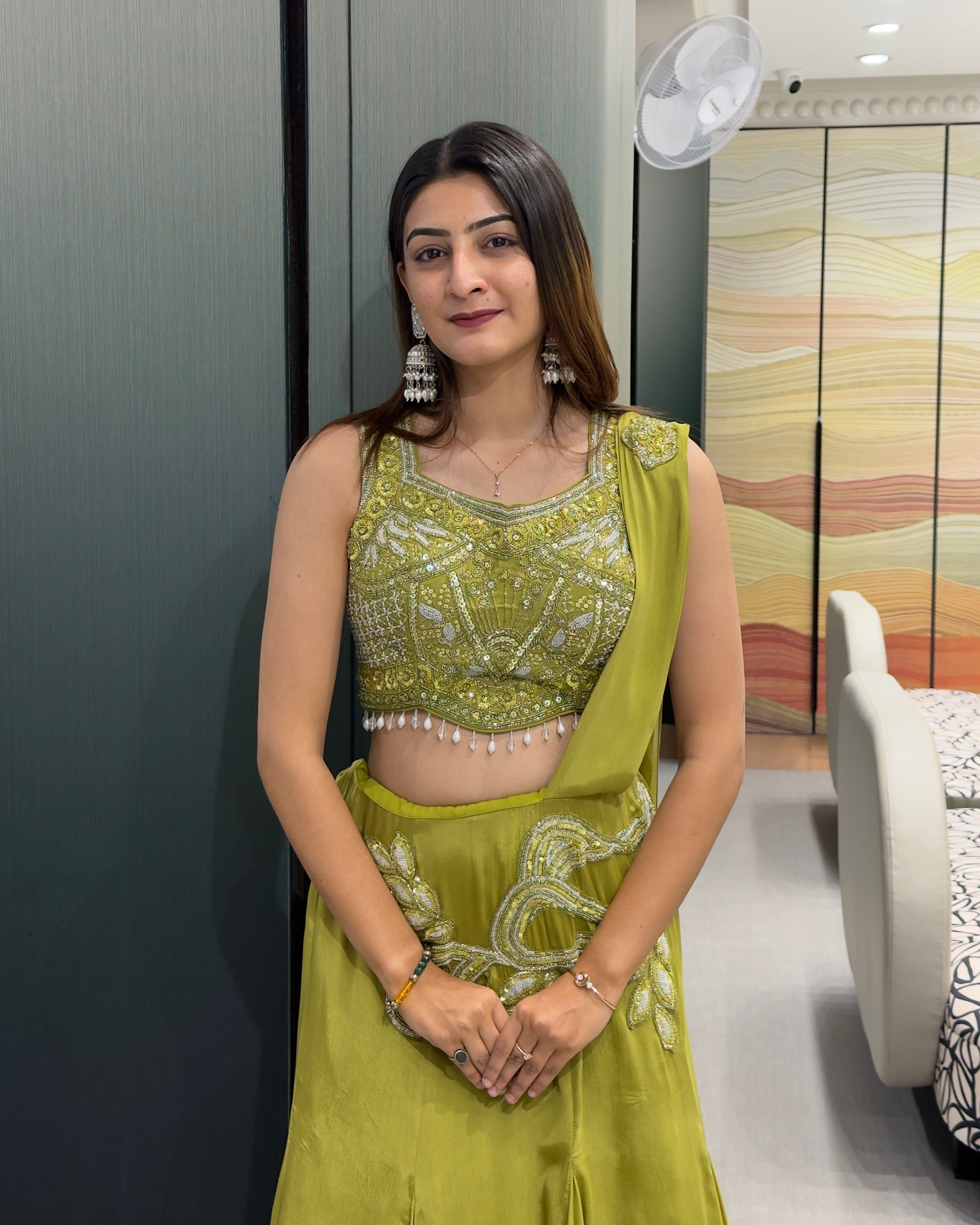 Olive Green Handworked Indo-Western Set
