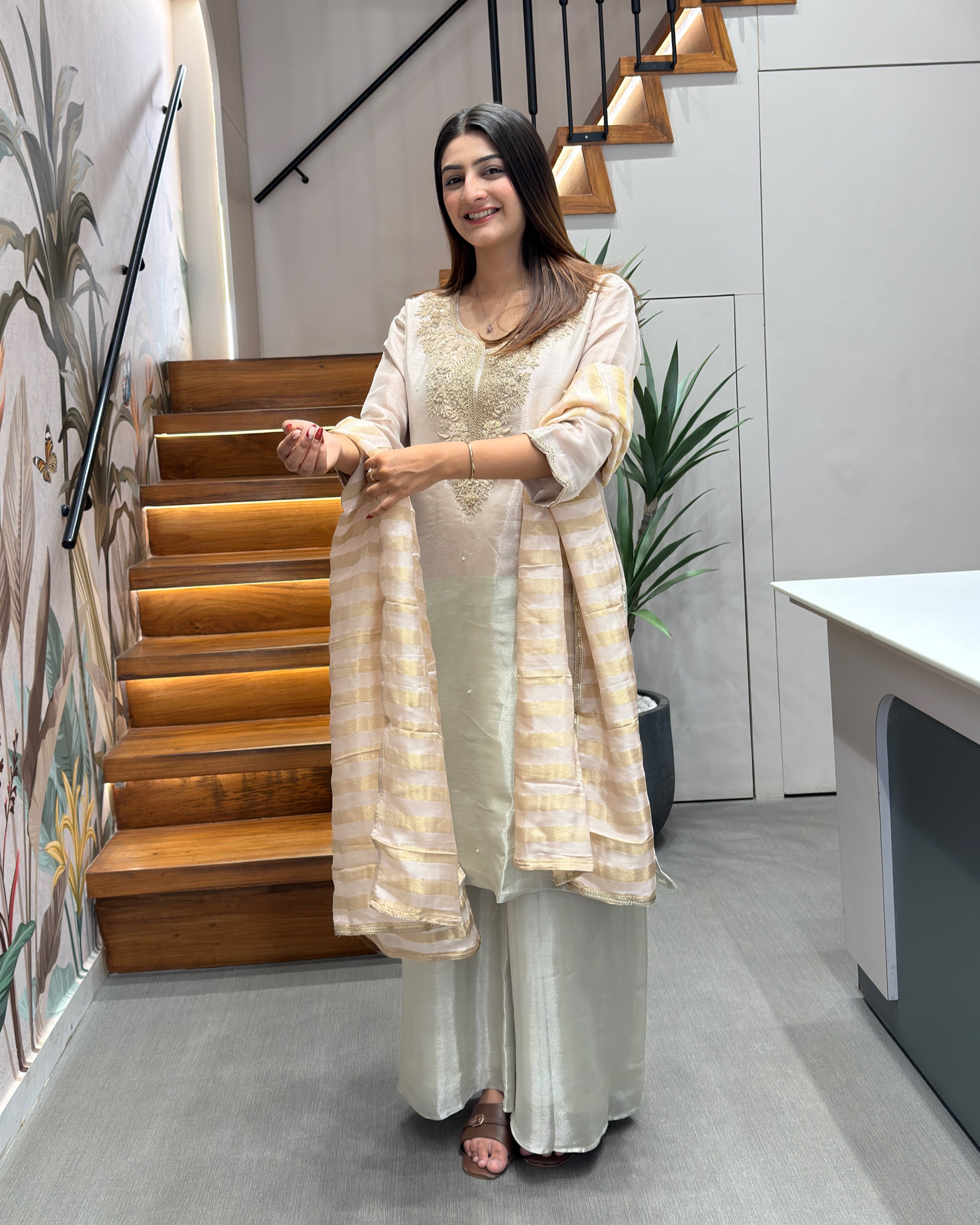 Elegant Ivory Handworked Palazzo Set with Designer Dupatta