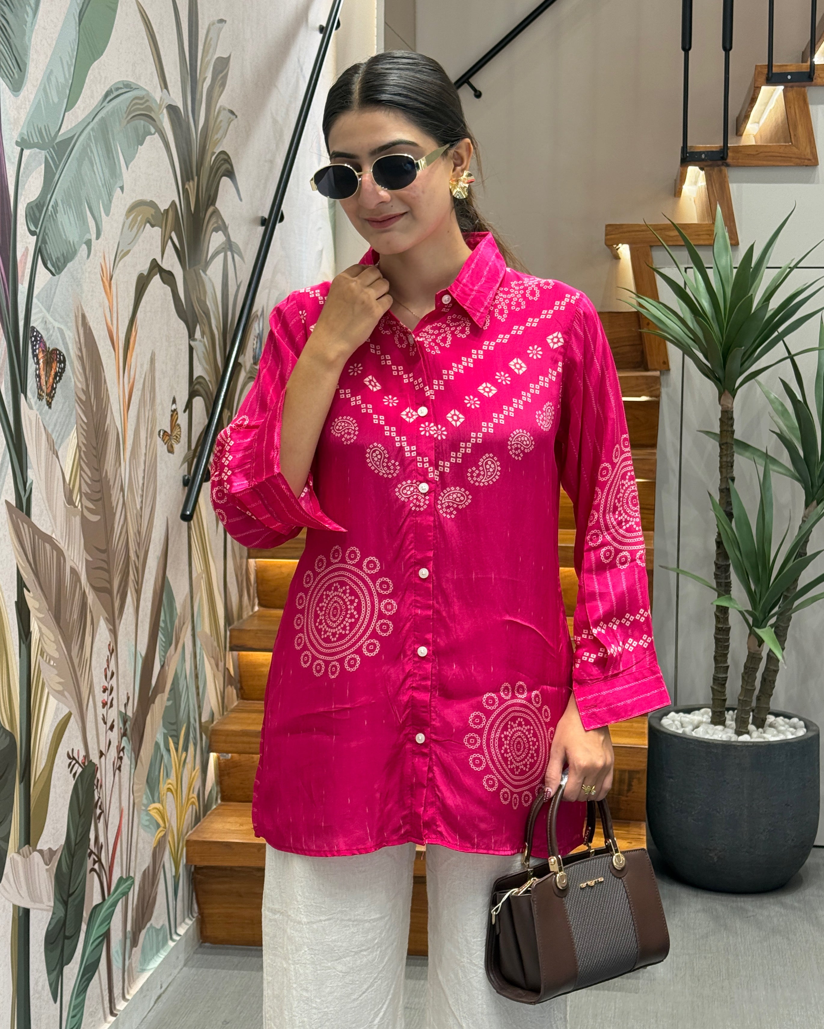 Rani Pink Bandhani Print Tunic Shirt
