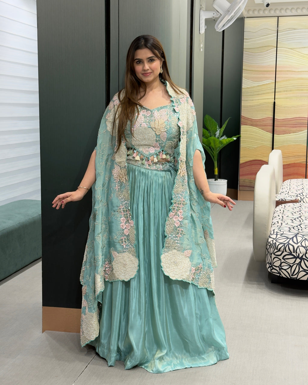 Elegant Sea Green Handworked Inner, Coti & Lehenga Set