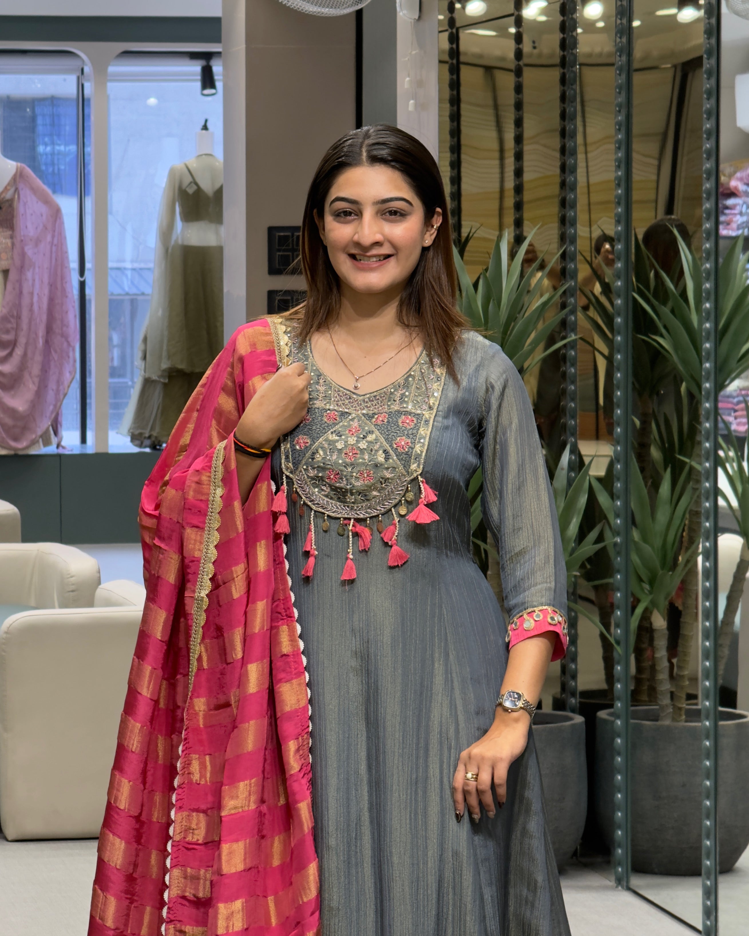 Grey with Pink Dupatta