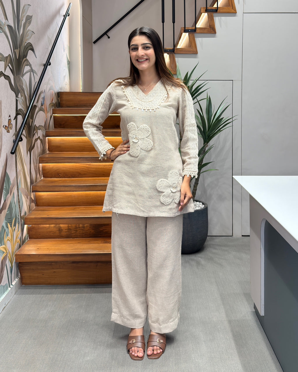 Elegant Cotton Floral Appliqué Co-Ord Set