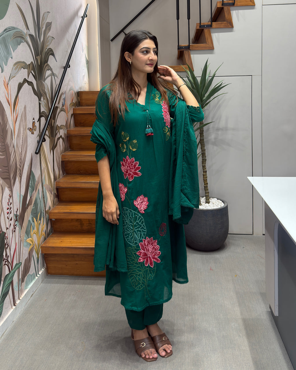 🌸 Emerald Bloom Cotton Embroidered Suit Set 🌸