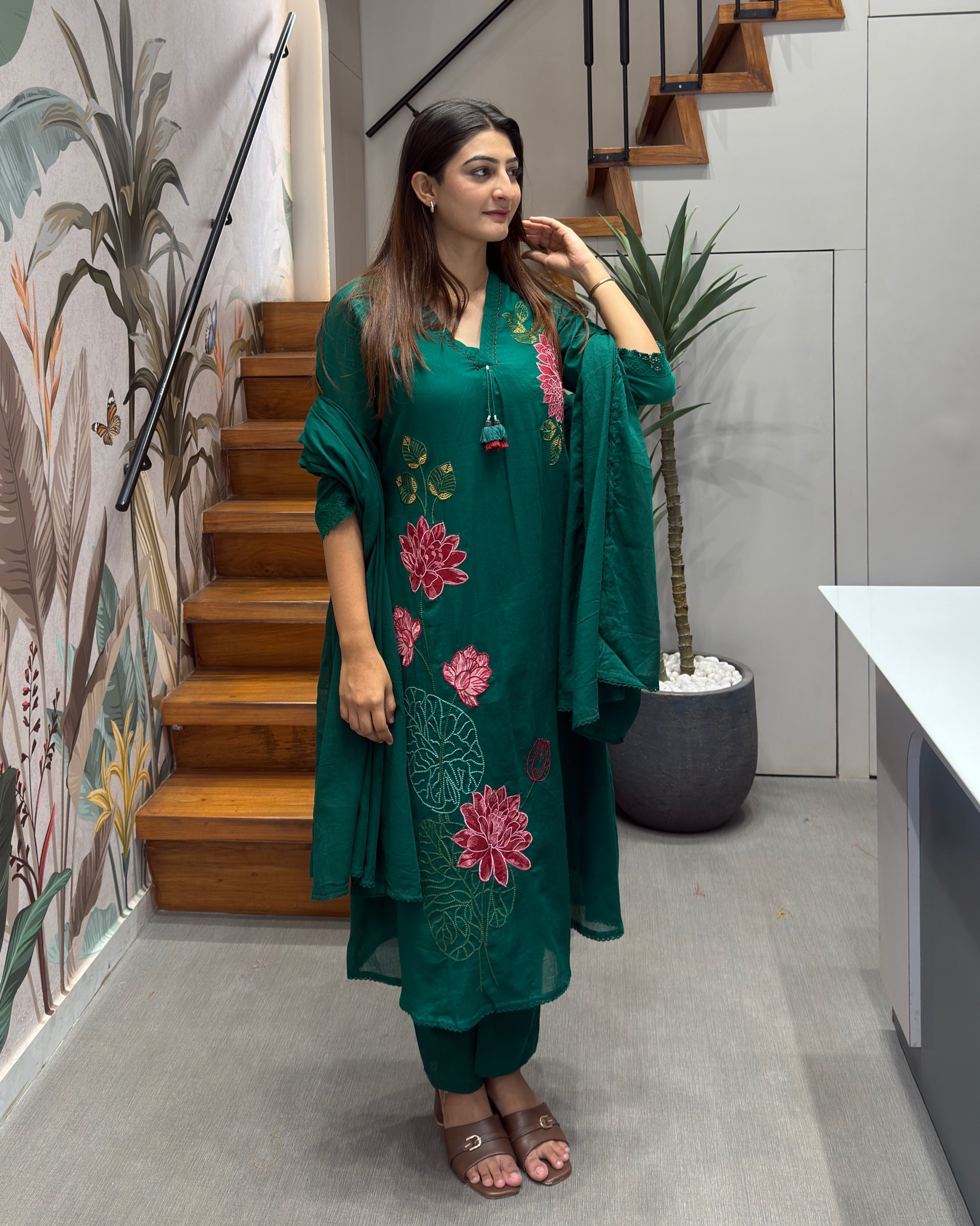 🌸 Emerald Bloom Cotton Embroidered Suit Set 🌸